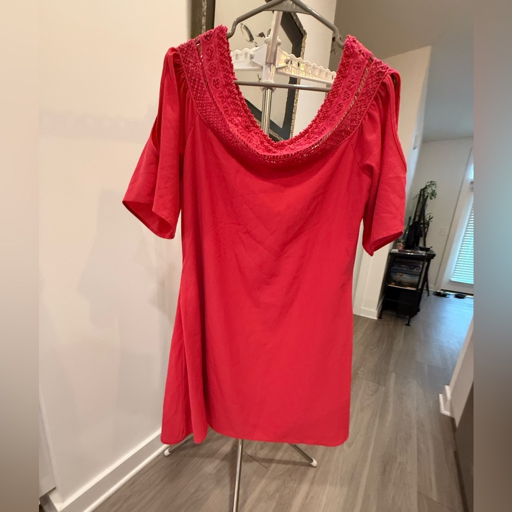 L Love Coral Off-Shoulder Crochet Trim Dress-Small